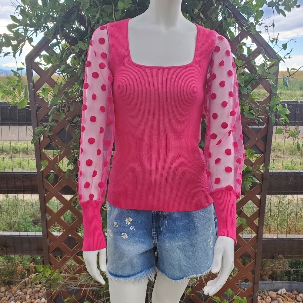Bibi Hot Pink Barbiecore Sweater Blouse Sheer Sleeves Women's Size Small NWOT